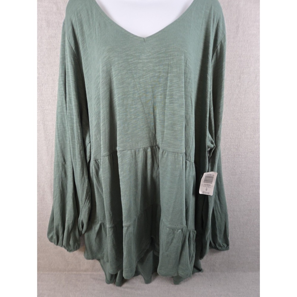 Torrid 6X Slub Knit Tiered V Neck Long Sleeve Top Forest Green Boho Relaxed NEW